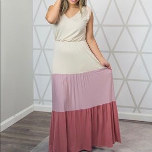 Tiered Colorblock Maxi Dress - Cream, Dusty Pink & Rose